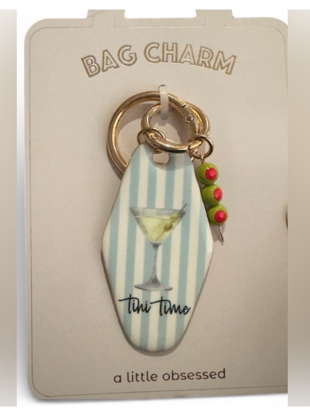 Martini 'Tini Time' Blue Stripe Bag Charm keychain